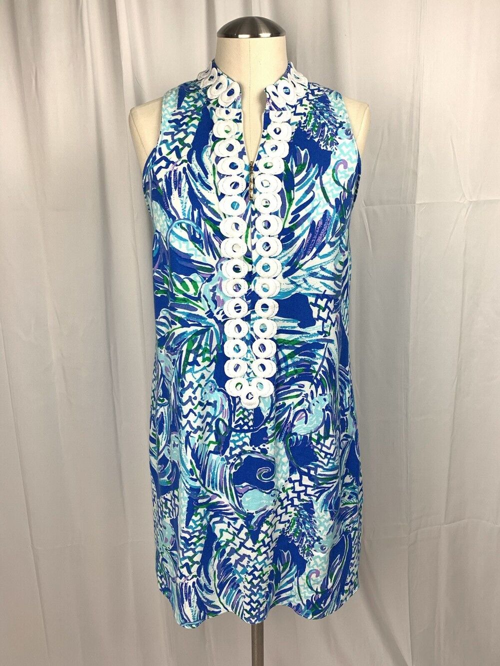 Lilly Pulitzer Jane Canopy Chaos Resort Zip Neckline Shift Dress Size 0 Blue